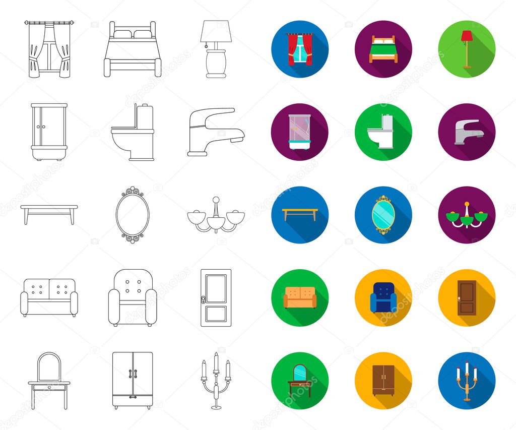 Furniture and interior outline,flat icons in set collection for design.Home furniture vector symbol stock  illustration.