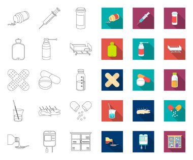 Tıp ve tedavi anahat, tasarım için set koleksiyonunda düz simgeler. Tıp ve ekipman vektör sembolü stok web illüstrasyon.