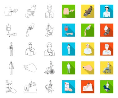 Tıp ve tedavi anahat, tasarım için set koleksiyonunda düz simgeler. Hastane ve ekipman vektör sembolü stok web illüstrasyon.