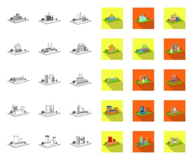 Fabrika ve bitki anahat, tasarım için set koleksiyonunda düz simgeler. Üretim ve kurumsal vektör izometrik sembol stok web illüstrasyon.