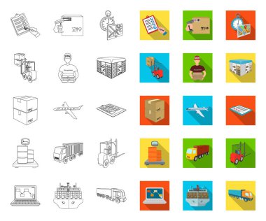 Lojistik ve teslimat anahat, tasarım için set koleksiyonunda düz simgeler. Taşıma ve ekipman izometrik vektör sembolü stok web illüstrasyon.