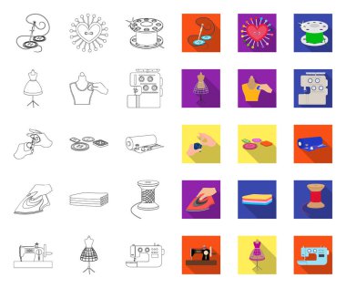 Atölye ve ekipman anahat, tasarım için set koleksiyonunda düz simgeler. Dış giyim vektör sembolü stok web illüstrasyon dikiş.