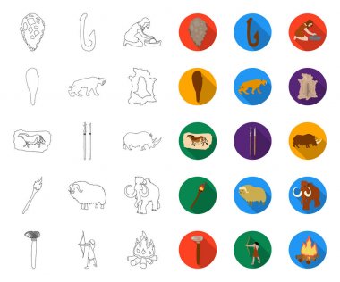 Taş Devri'nde Yaşam anahat, tasarım için set koleksiyonunda düz simgeler. Antik insanlar vektör sembolü stok web illüstrasyon.