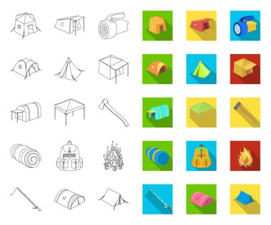 Farklı türde çadırlar anahat, tasarım için set koleksiyonunda düz simgeler. Geçici barınak ve konut vektör sembolü stok web illüstrasyon.