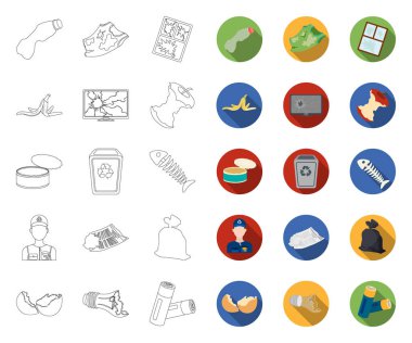 Çöp ve atık anahattı, tasarım için set koleksiyonunda düz simgeler. Temizleme çöp vektör sembolü stok web illüstrasyon.