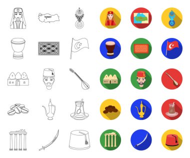 Türkiye ülke anahat, tasarım için set koleksiyonunda düz simgeler. Seyahat ve konumlar vektör sembolü stok web illüstrasyon.