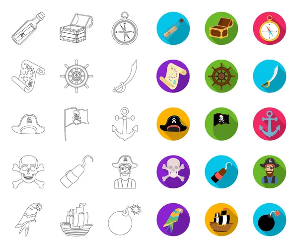 Pirata, contorno de ladrón de mar, iconos planos en la colección de conjuntos para el diseño. Tesoros, atributos vector símbolo stock web ilustración . — Vector de stock