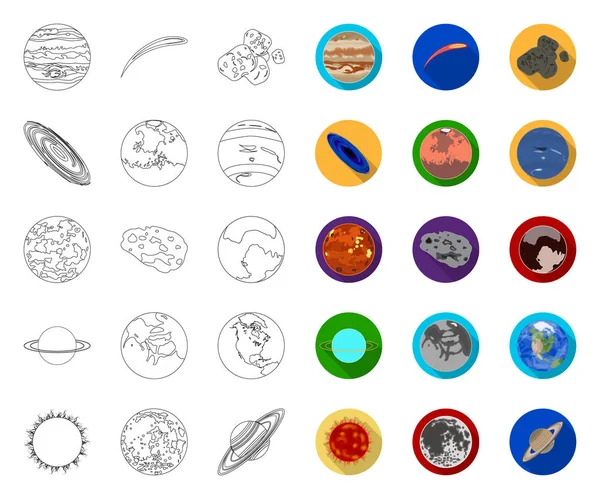 Planety obrysu sluneční soustavy, ploché ikony v kolekci set pro návrh. Kosmos a astronomická vektorová značka na webu ilustrace. — Stockový vektor