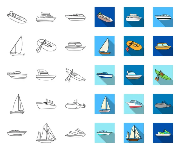Esboço de transporte de água e mar, ícones planos em coleção de conjuntos para design. Uma variedade de barcos e navios símbolo vetorial ilustração web . — Vetor de Stock
