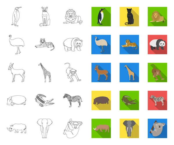 Diferentes animales contorno, iconos planos en la colección de conjuntos para el diseño. Pájaro, depredador y herbívoro vector símbolo stock web ilustración . — Archivo Imágenes Vectoriales