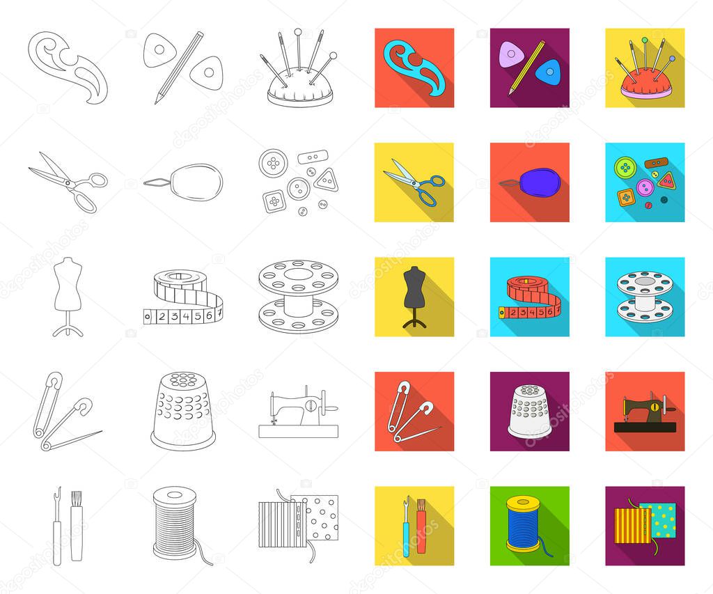 Sewing, atelier outline,flat icons in set collection for design. Tool kit vector symbol stock  illustration.