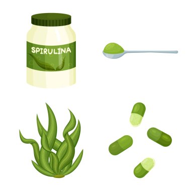 Spirulina ve yosun işareti izole nesne. Web için spirulina ve vegan stok sembolü seti.