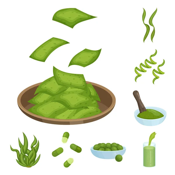 Vector illustratie van spirulina en zeewier teken. Set van spirulina en Vegan vector pictogram voor voorraad. — Stockvector