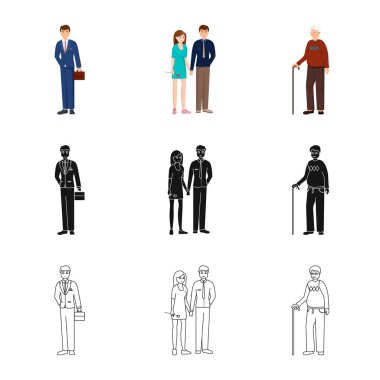 Vektör Illustration karakter ve avatar işareti. Hisse senedi için karakter ve portre vektör simge kümesi.