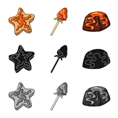 Şekerlemeler ve mutfak simge vektör tasarımı. Şekerlemeler ve hisse senedi için ürün vektör simge koleksiyonu.