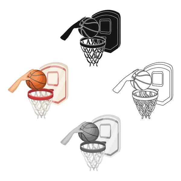 Mano con una pelota cerca de la cesta. icono de baloncesto solo en la historieta, negro estilo vector símbolo stock ilustración web . — Archivo Imágenes Vectoriales