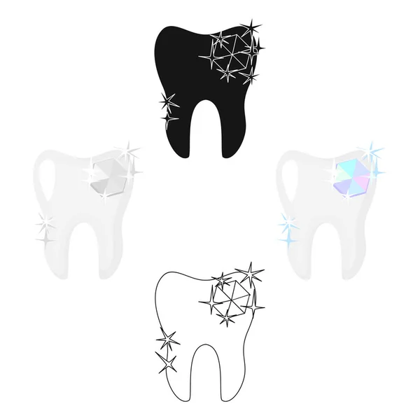 Zahn mit Diamant-Symbol in Cartoon, schwarzer Stil isoliert auf weißem Hintergrund. Zahnpflege Symbol Lager Vektor Illustration. — Stockvektor