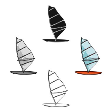 Çizgi filmde Windsurf tahtası simgesi, beyaz arkaplanda siyah stil izole edilmiş. Sörf sembolü hisse senedi çizimi.