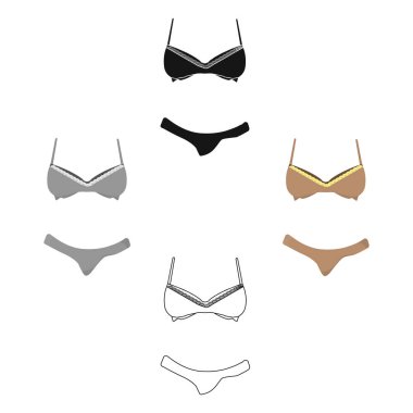 Kadınlar için sütyen ve külot kahverengi. Kadın mayo. Iç çamaşırı. Karikatür kadın giysileri tek simge, siyah stil vektör sembolü stok illüstrasyon.
