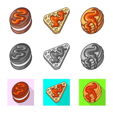 Şekerleme ve mutfak simgesi yalıtılmış nesne. Şekerlemeler ve hisse senedi için ürün vektör simge kümesi.