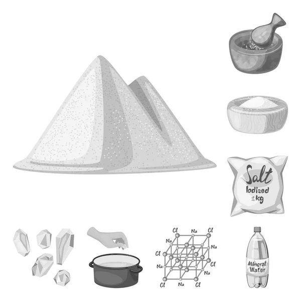 Diseño vectorial de sal y símbolo alimenticio. Colección de ilustración de vectores de salinas y minerales . — Vector de stock