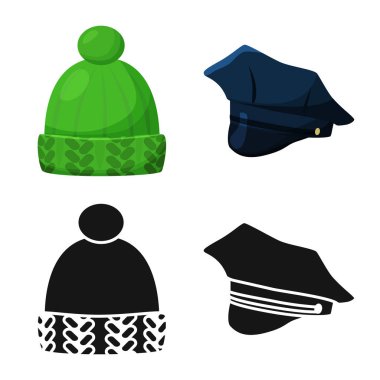 İllüstrasyon işareti giyim ve kap, vektör. Giyim ve hisse senedi için bere vektör simge kümesi.