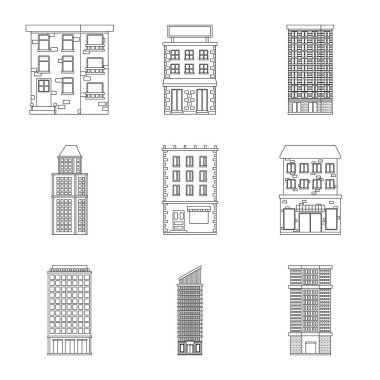 Mimari ve dış simge vektör tasarımı. Stok lar için mimari ve şehir vektör simgesinin toplanması.