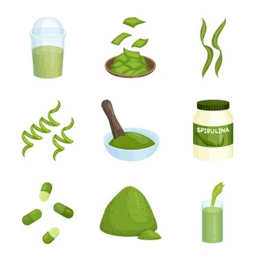 Spirulina ve yosun işareti vektör illüstrasyon. Stok için spirulina ve vegan vektör simgesinin toplanması.