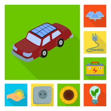 Güneş ve panel logosu vektör tasarımı. Web için Güneş ve yeşil stok sembolü seti.