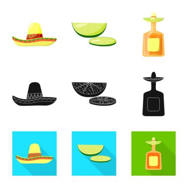 Kafe ve Latin logo yalıtılmış nesne. Kafe ve ulusal hisse senedi vektör çizim koleksiyonu.