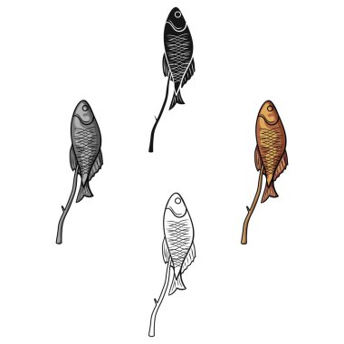 Balıkçılık ve diğer set koleksiyonu tasarım için simgeleri karikatür. Vektör simge stok web illüstrasyon Balık tutma için mücadele.