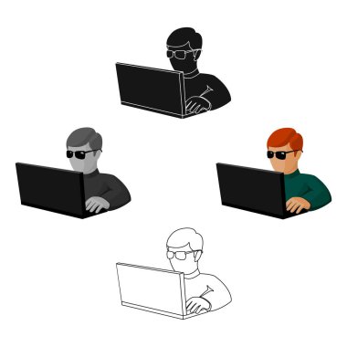 Karikatür bilgisayar korsanı simgesi, siyah tarzı beyaz arka plan üzerinde izole. Hackerlar ve hack sembolü stok vektör illüstrasyon.