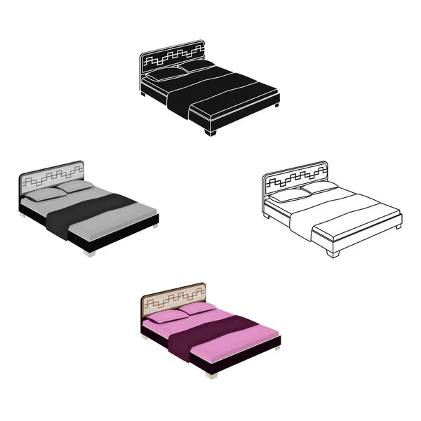 Рожеве ліжко для маленьких ніг. Ліжко з рожевою білизною. Ліжко одинарна іконка в мультфільмі, чорний стиль Векторний символ стокова ілюстрація . — стоковий вектор