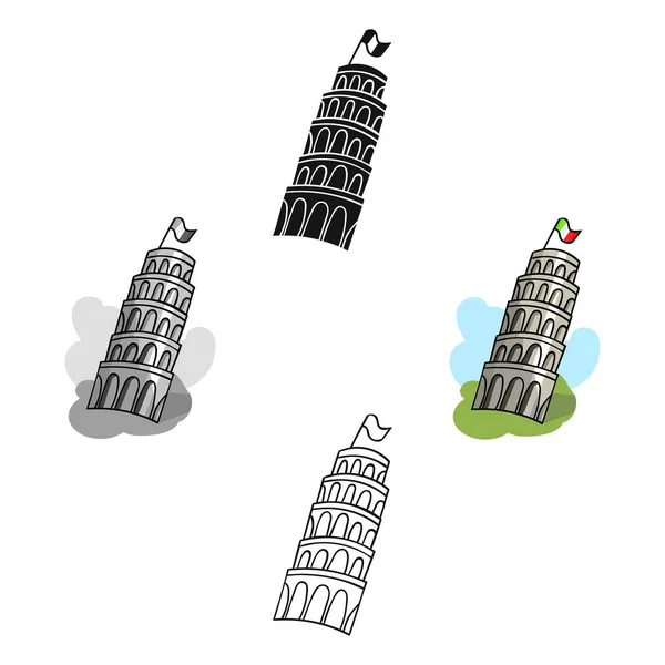 Torre de Pisa en Italia icono de dibujos animados, estilo negro aislado sobre fondo blanco. Italia país símbolo stock vector ilustración . — Archivo Imágenes Vectoriales