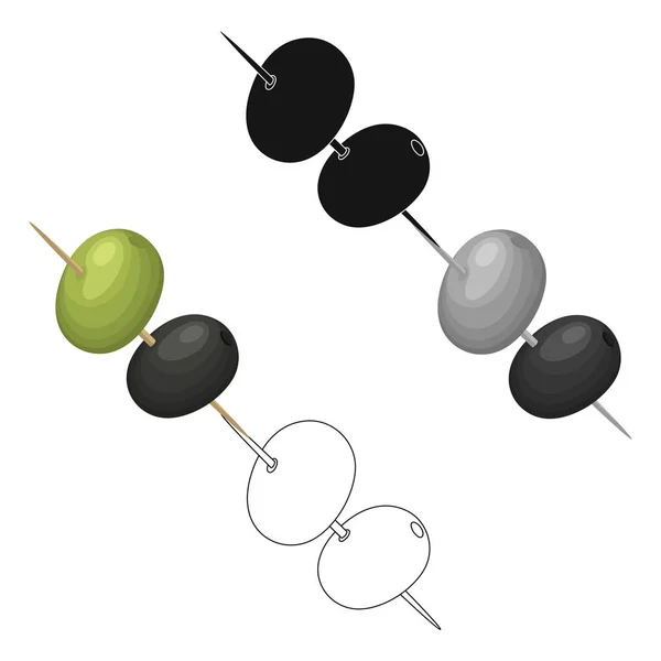 꼬치에 검은 색과 녹색 올리브. 만화에서 올리브 단일 아이콘,블랙 스타일 벡터 기호 스톡 일러스트 웹. — 스톡 벡터