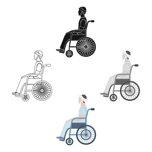 Człowiek z urazem na wózku inwalidzkim. Ikona ilustracja medycyna pojedynczy rysunek symbol wektor www. — Wektor stockowy