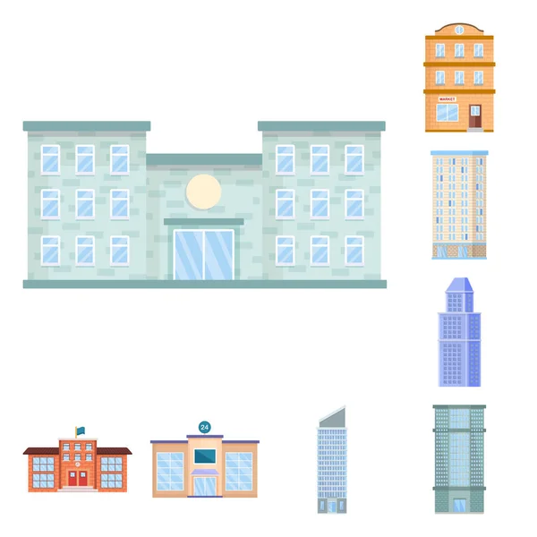 Vektorový design fasády a nápis budovy. Výběr symbolu fasády a exteriérů pro web. — Stockový vektor