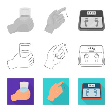 Diyet ve tedavi simge vektör tasarımı. Diyet ve ilaç hisse senedi vektör çizim seti.