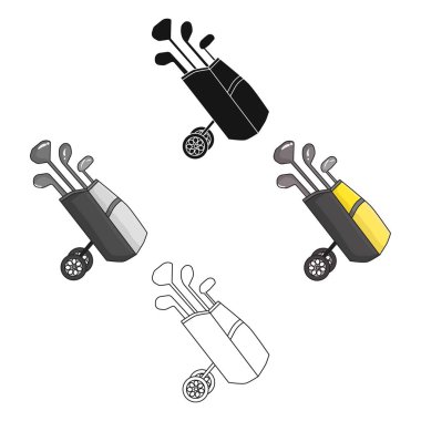 Karikatür kulüpleri simgesi ile tekerlekler üzerinde Golf çantası, beyaz arka plan üzerinde izole siyah tarzı. Golf kulübü sembolü stok vektör illüstrasyon.