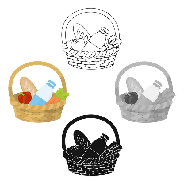 Cesta con icono de productos en caricatura, estilo negro aislado sobre fondo blanco. Caridad y donación símbolo stock vector ilustración . — Vector de stock
