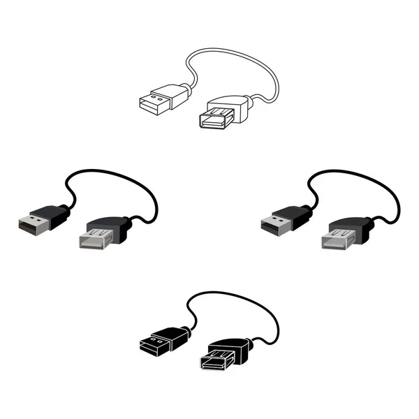 Ícone de cabo USB em desenho animado, estilo preto isolado no fundo branco. Acessórios de computador pessoal símbolo estoque vetor ilustração . — Vetor de Stock