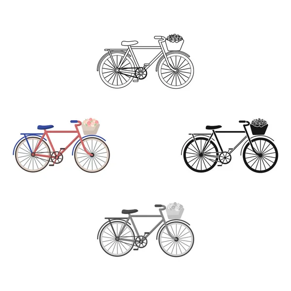 Pink bicycle with basket icon in cartoon, black style isolated on white background. Векторная иллюстрация символов Франции . — стоковый вектор