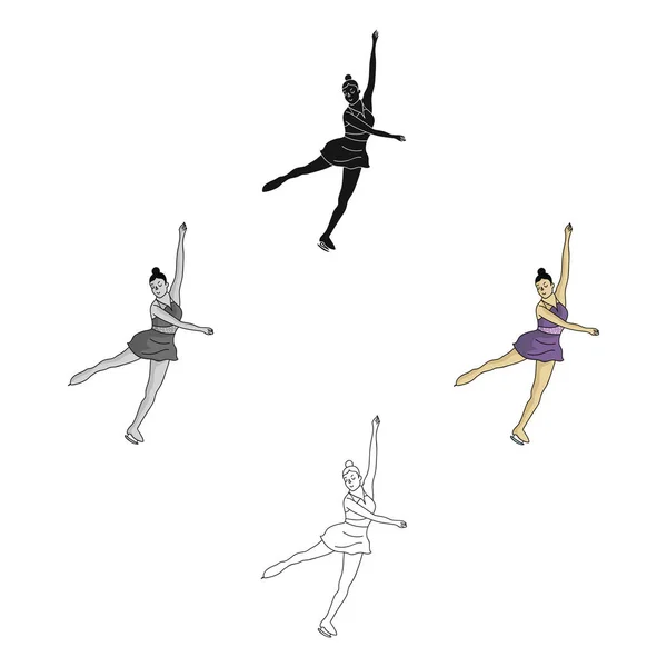 Meisje in paarse jurk dansen op schaatsen op ijs. Atleet figuur skaters. Olympische sport één pictogram in Cartoon, zwarte stijl vector symbool voorraad illustratie. — Stockvector