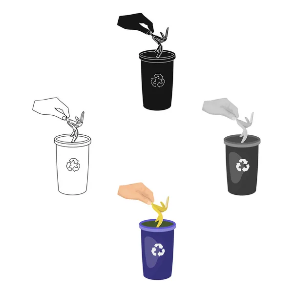 Emisja skórki bananów do śmieci może na odpady. Śmieci i ekologia pojedyncza ikona w kreskówce, czarny styl ilustracja symbol wektor www. — Wektor stockowy
