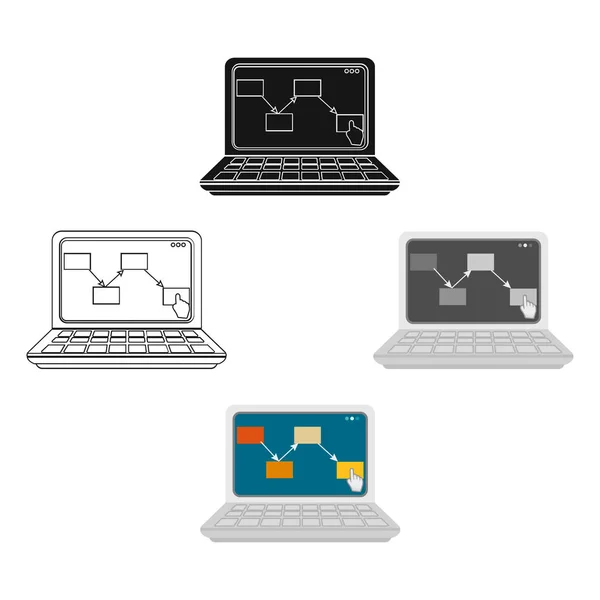 Computer mit dem Schema des Umzugs der Waren. Logistik und Lieferung einziges Symbol im Cartoon, schwarzer Stil isometrisches Vektorsymbol Stock Illustration Web. — Stockvektor