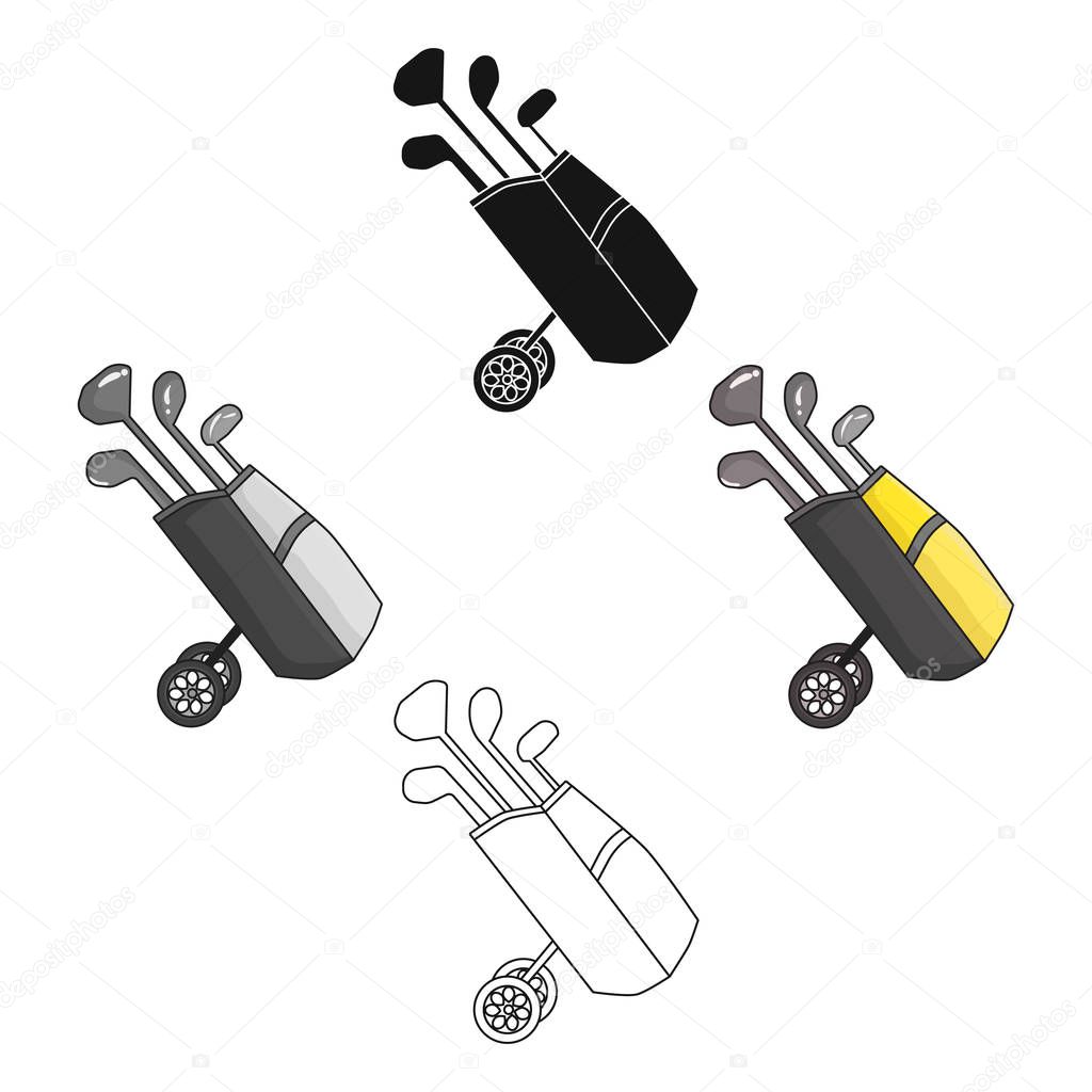 Golf bag on wheels with clubs icon in cartoon,black style isolated on white background. Golf club symbol vector illustration.