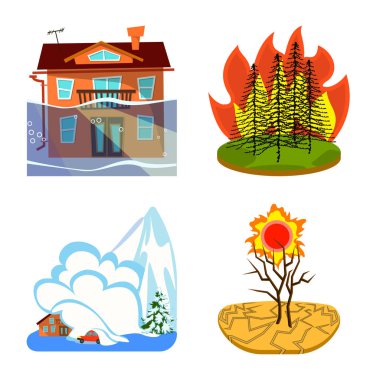 Felaket ve felaket sembolümün izole nesnesi. Stok için felaket ve kıyamet vektör simgesi koleksiyonu.