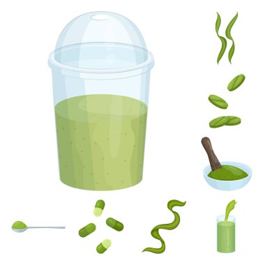 Spirulina ve yosun işareti izole nesne. Web için spirulina ve vegan stok sembolü seti.