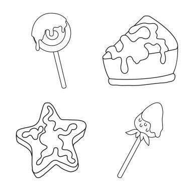 Tatlı ve ürün logosu vektör illüstrasyon. Stok için tatlı ve karamel vektör simgesi seti.