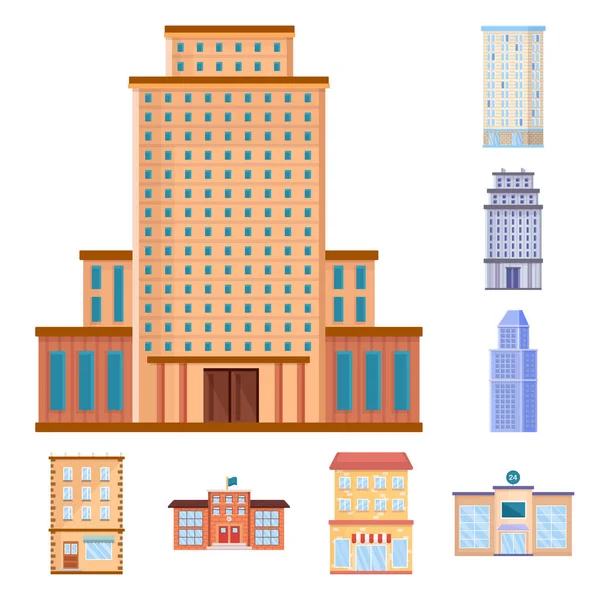 Векторный дизайн фасада и логотипа здания. Коллекция символов фасада и внешнего склада для паутины . — стоковый вектор